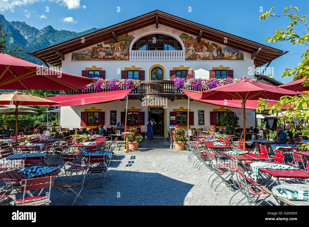Tavern and beer garden Fischers Mohrenplatz, Garmisch, Garmisch-Partenkirchen District, Werdenfelser Land, Upper Bavaria Stock Photo