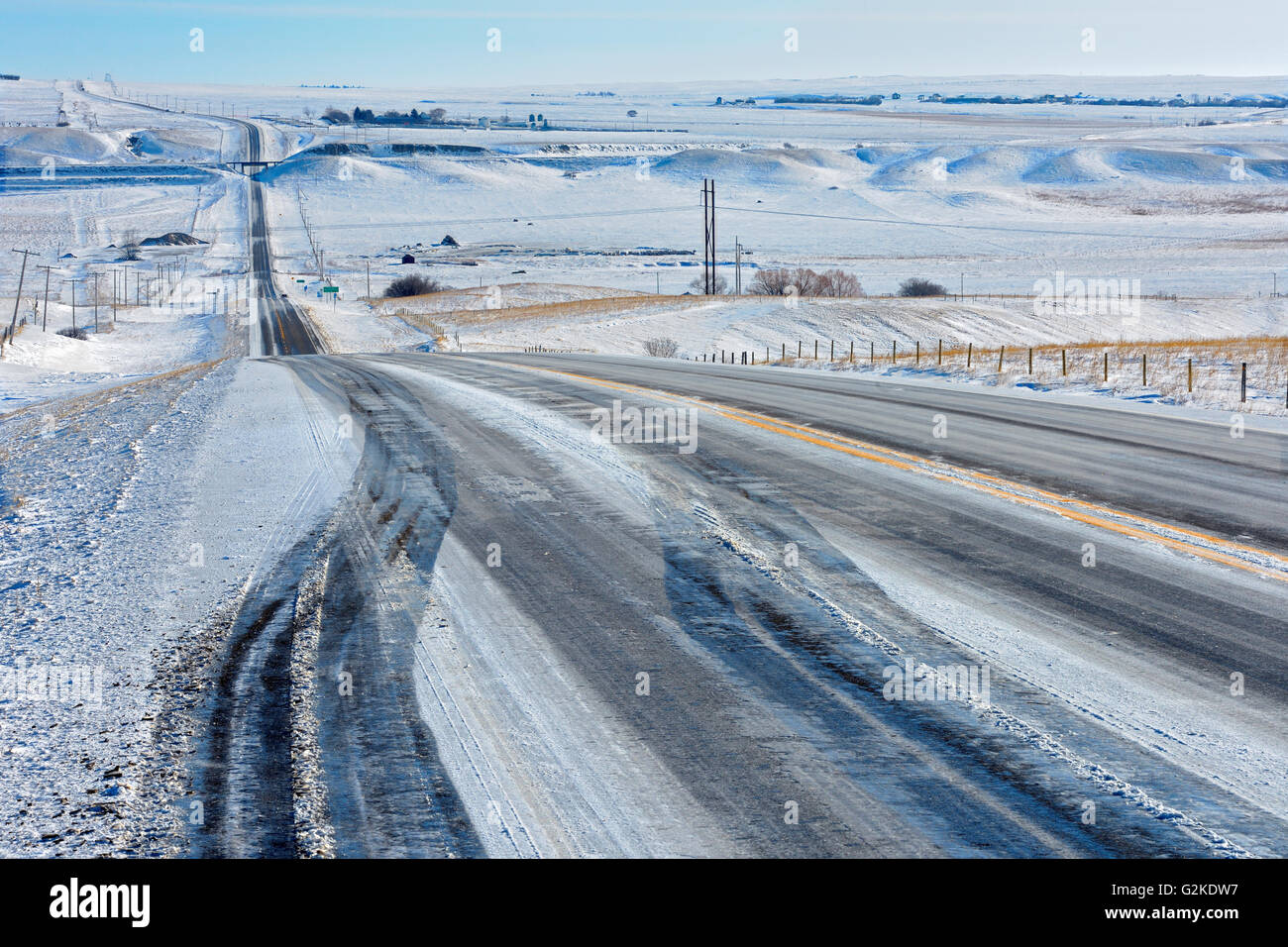 Wintery conditions on Highway 13 Verwood Saskatchewan Canada Stock Photo