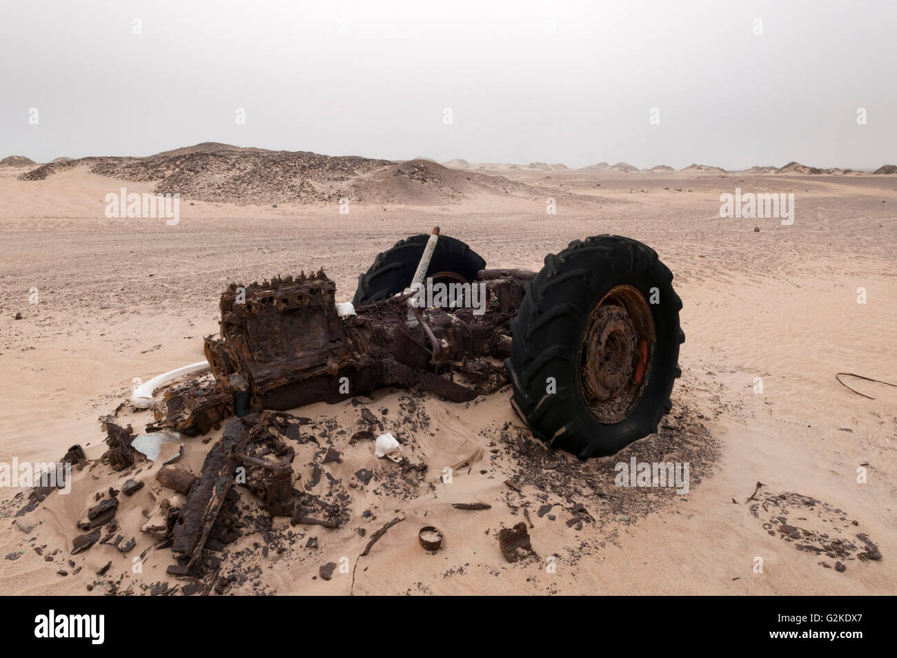 Caterpillar wreck used in former diamond mine, Skeleton Coast National Park, Kunene Region, Namibia Stock Photo