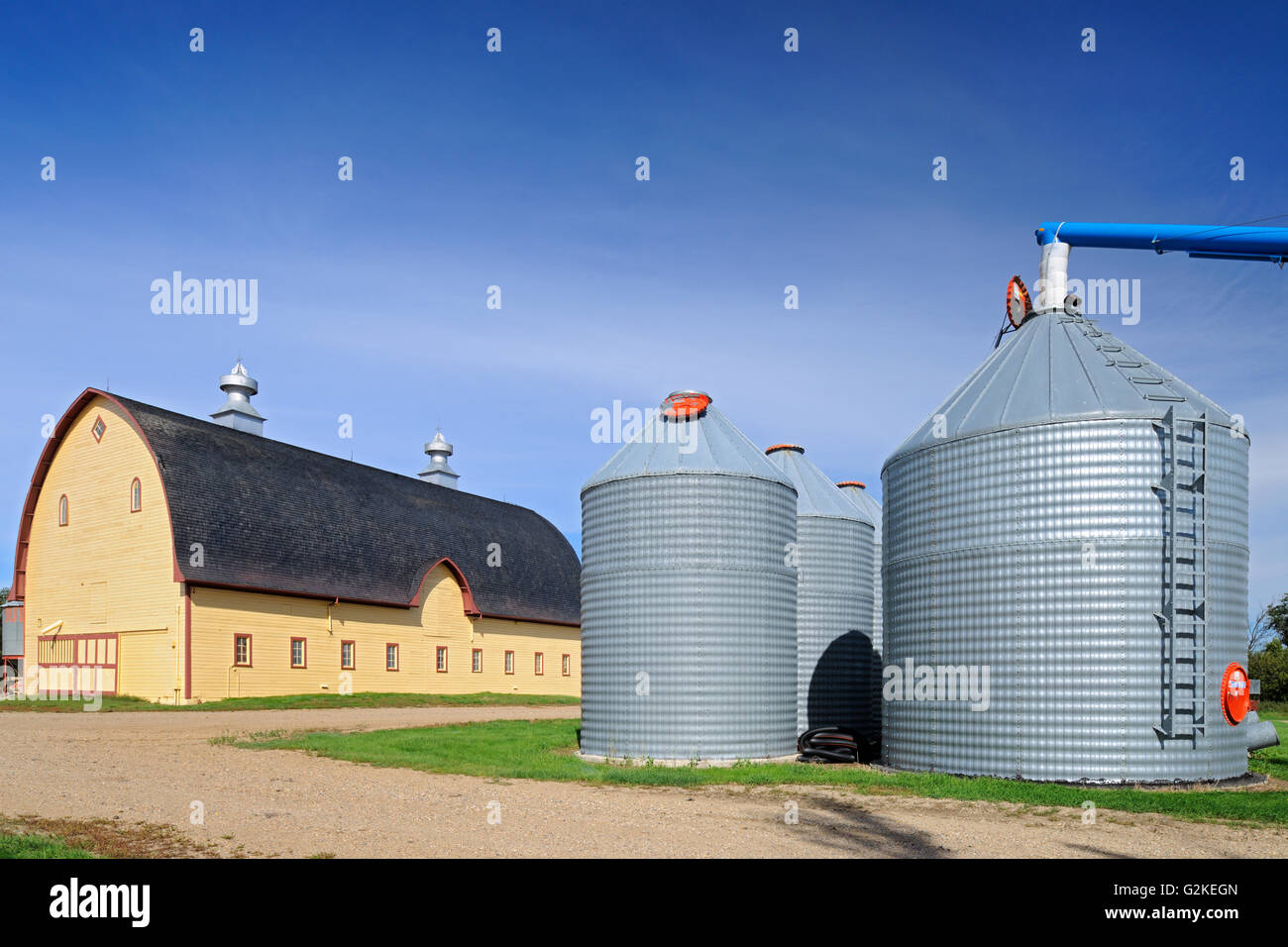 Yellow barn and Grain bins in farmyard Property Released Yellow Grass