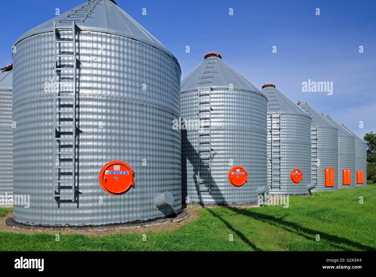 Grain bins and auger  in farmyard - Property Released Yellow Grass Saskatchewan Canada Stock Photo