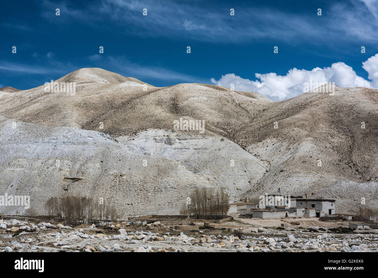Barren mountain landscape with houses in Lo Manthang, kingdom of Mustang, Upper Mustang, Himalaya, Nepal Stock Photo