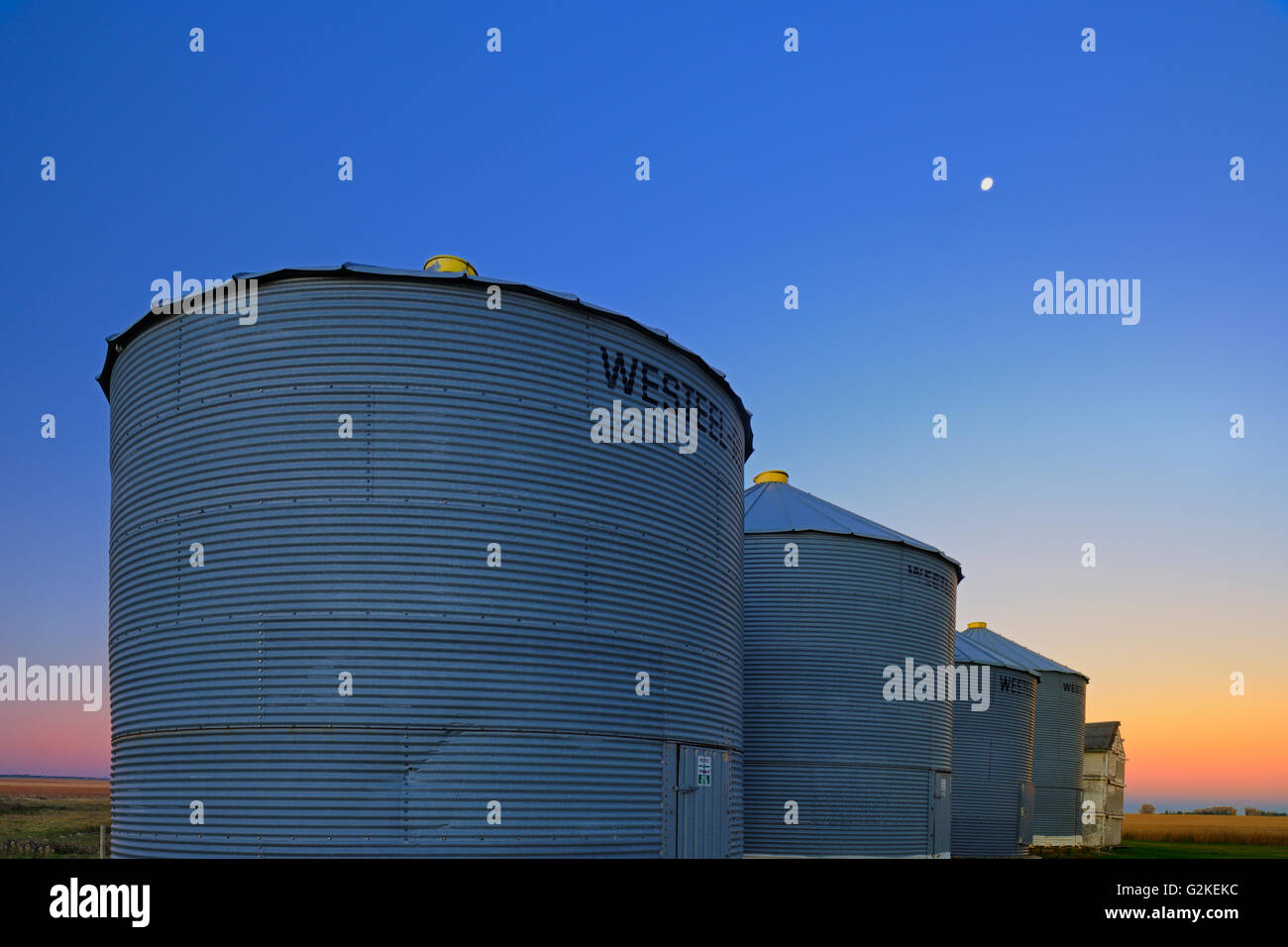 Grain bins at dawn Swift Current Saskatchewan Canada Stock Photo