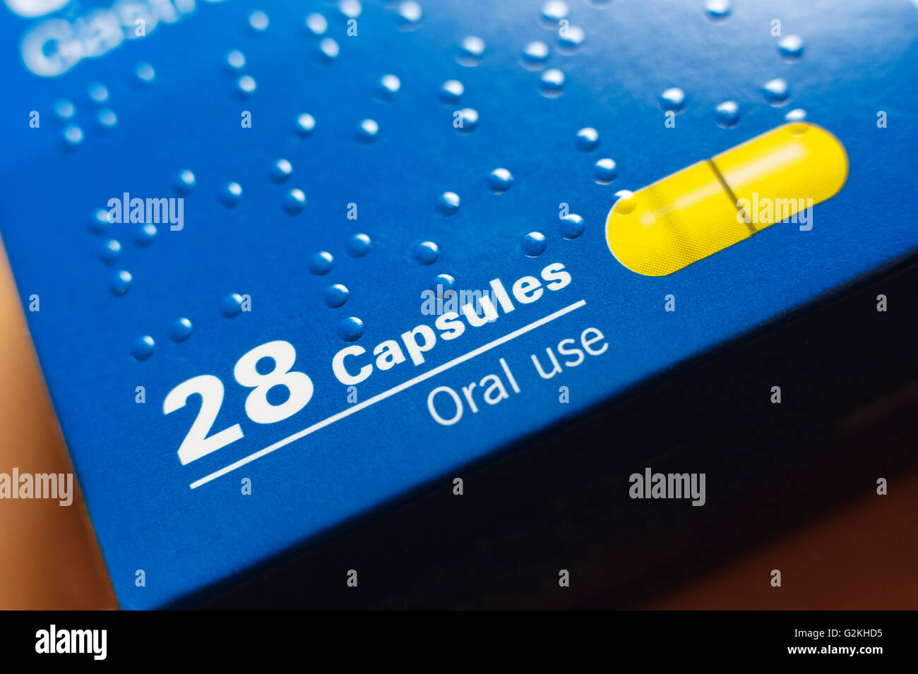 box of 28 capsules for oral use only Stock Photo