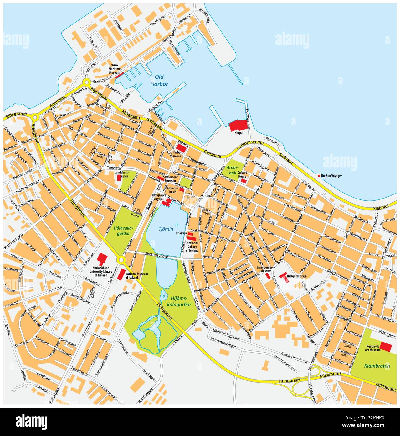reykjavik city map with road names iceland Stock Vector