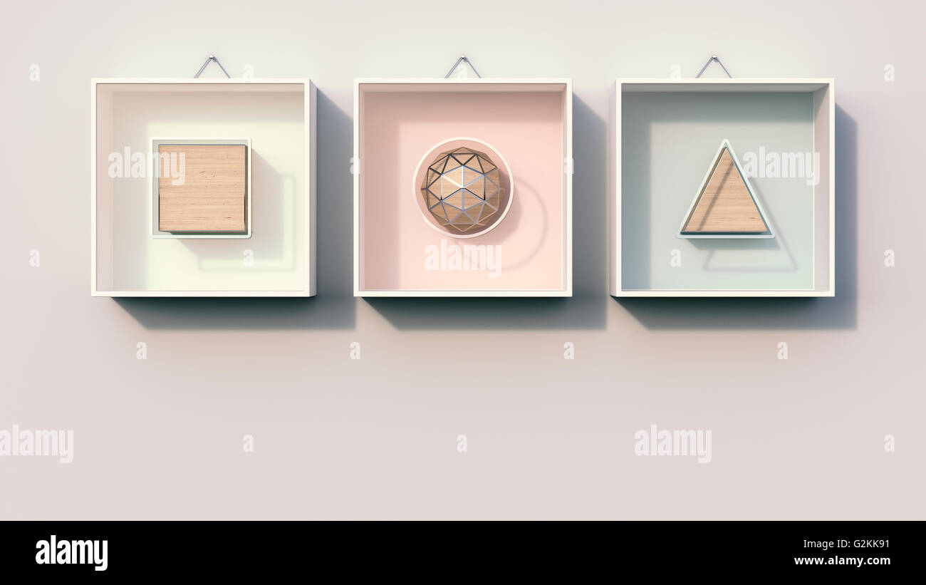 Geometric shapes hanging on wall, 3d rendering Stock Photo Alamy