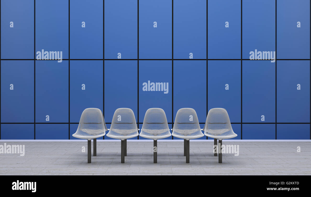 Row of seats at underground station platform, 3D Rendering Stock Photo