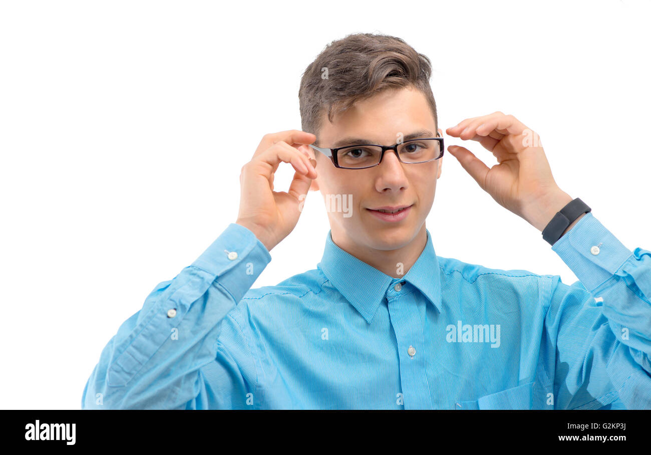 Teenager with new glasses on eyes isolated on white Stock Photo Alamy