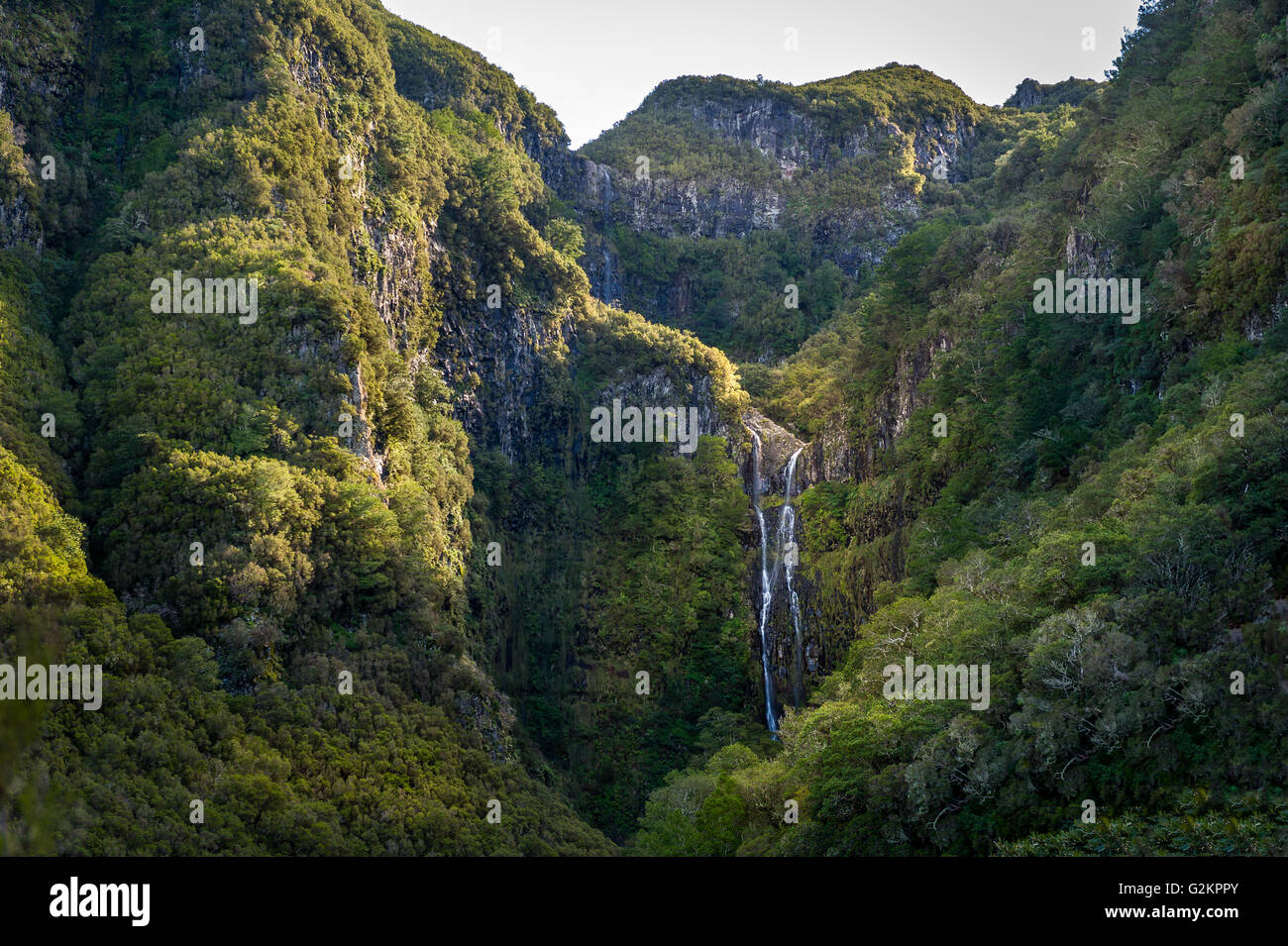 High waterfall in the hiking route levada 25 fountains, Madeira. Stock Photo