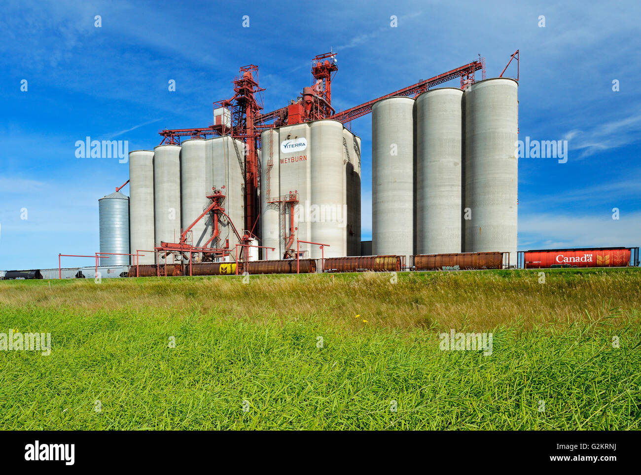 Inland grain terminal and train  Weyburn Saskatchewan Canada Stock Photo