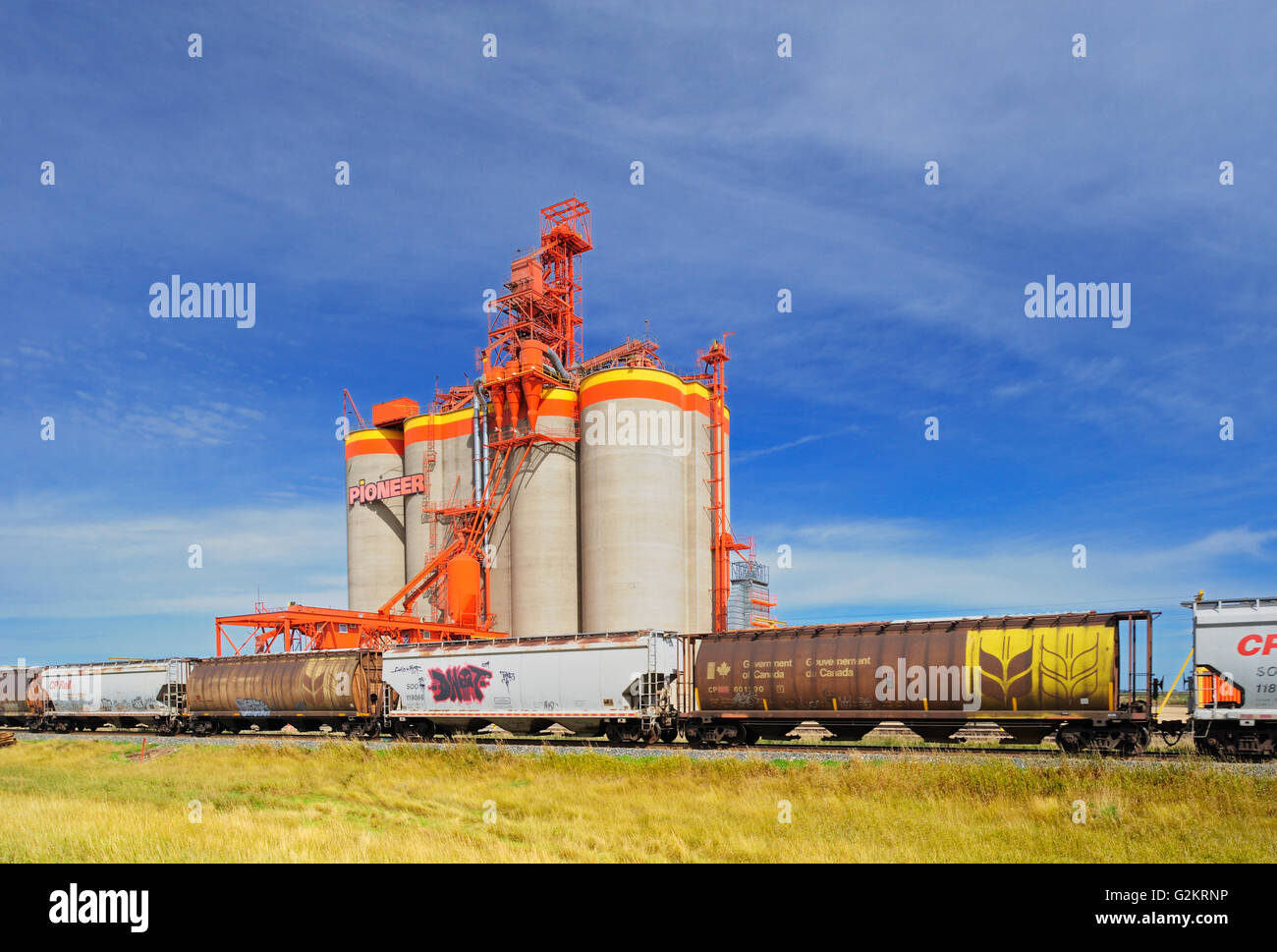 Inland grain terminal and train  Weyburn Saskatchewan Canada Stock Photo