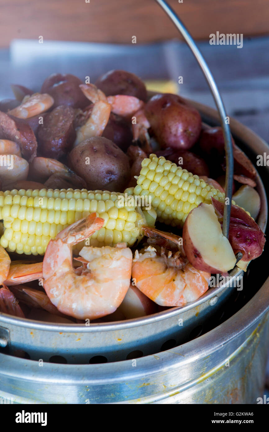 Low Country Boil with Shrimp, Corn, Sausage and Potatoes Stock Photo