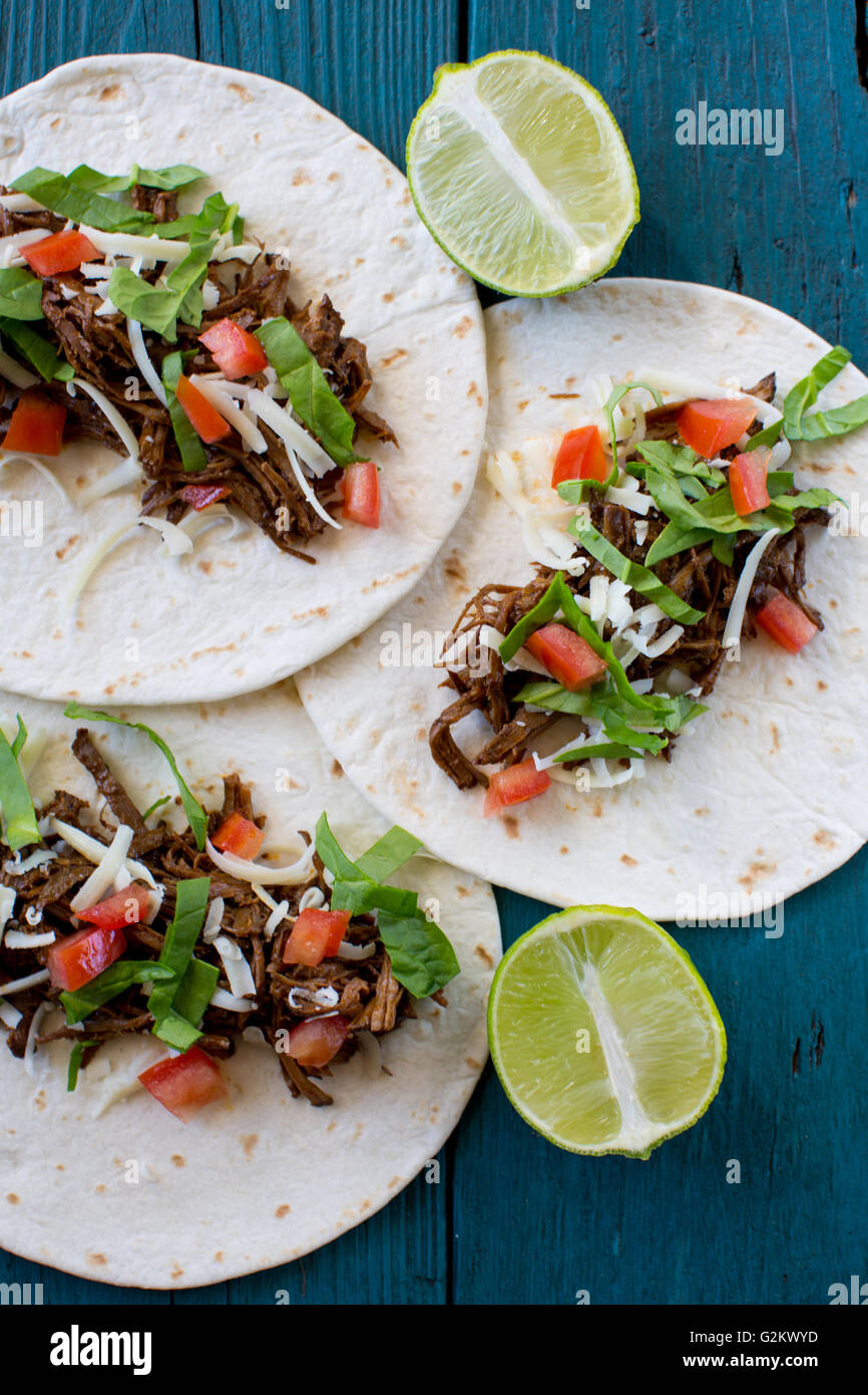Soft Shell Tacos with Shredded Beef, High Angle View Stock Photo Alamy