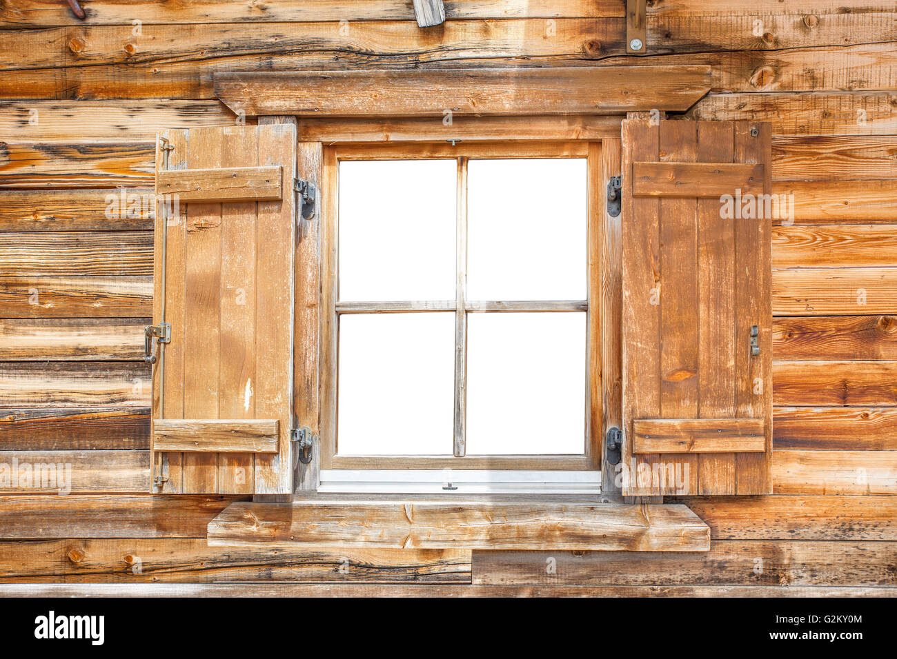 Window of a mountain cabin, Riva di Tures, South Tyrol, Italy Stock Photo