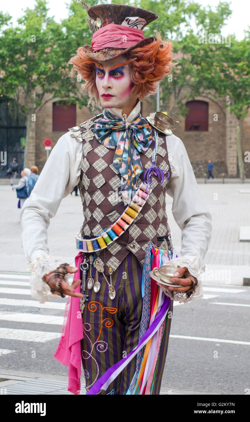 Mad hatter street performer on La Rambla in Barcelona, Catalonia, Spain Stock Photo