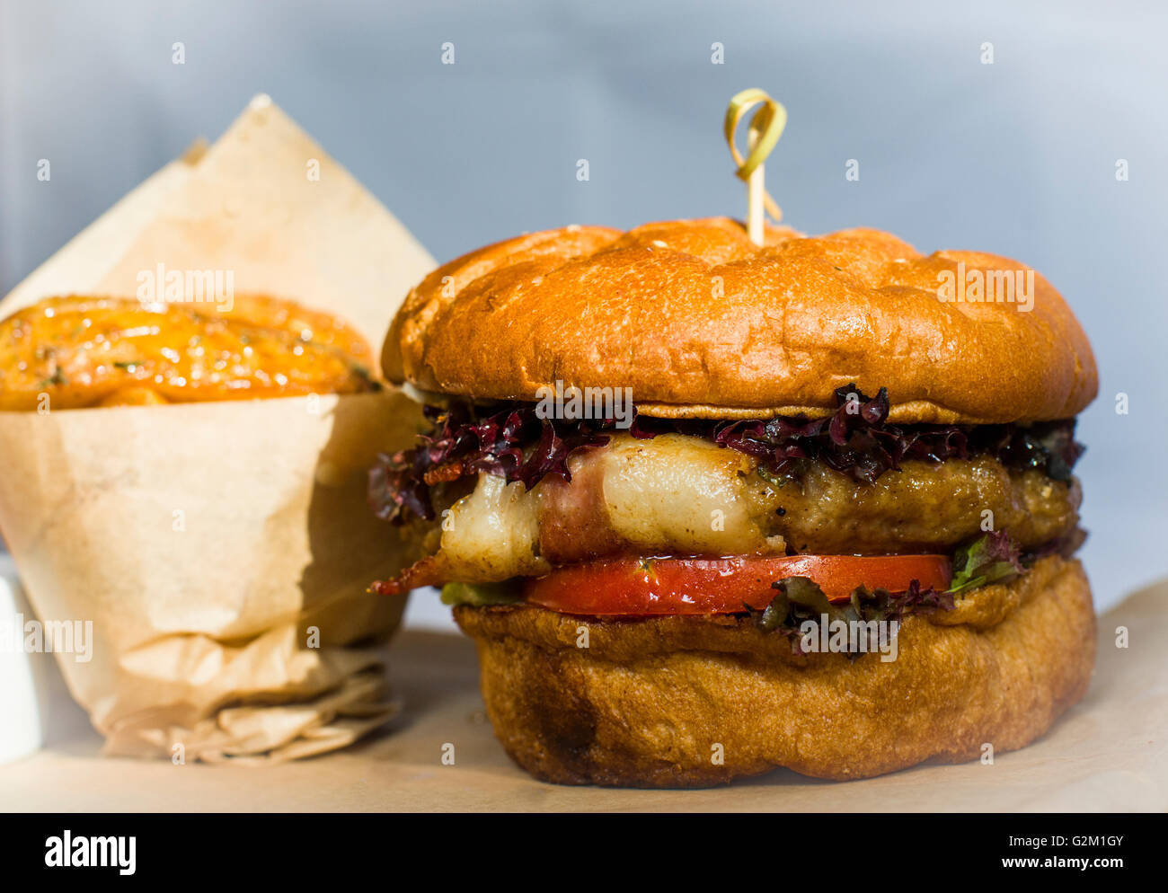 Hamburger with fried potato Stock Photo