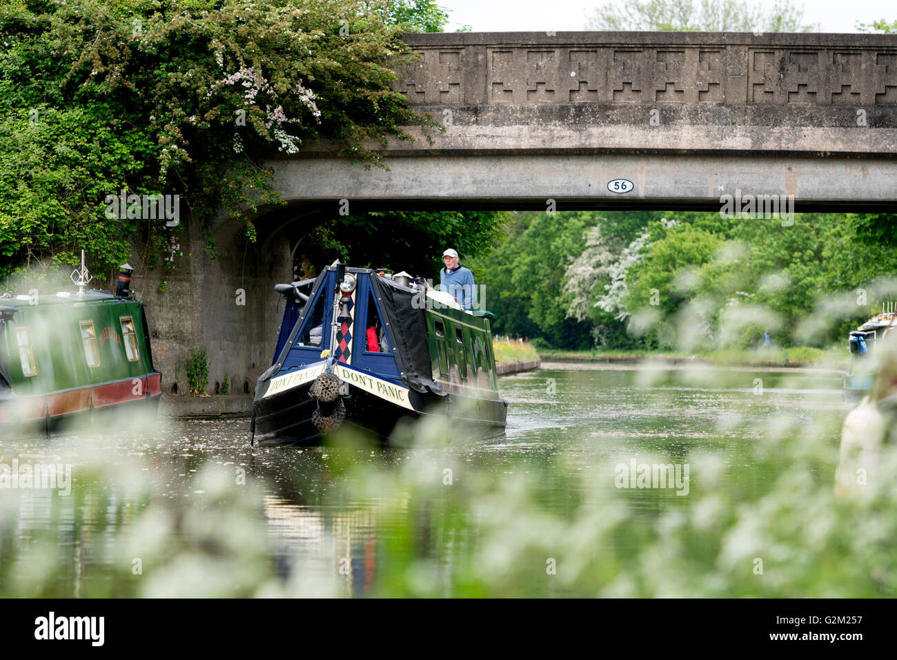 Narrowboat on the Grand Union Canal in spring, Warwickshire, UK Stock Photo