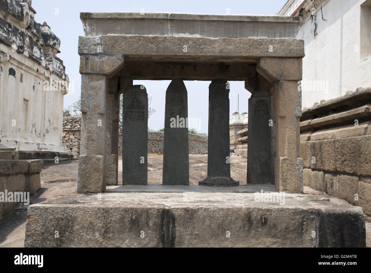 Carved inscriptions in Kannada on the stone pillars, Eradukatte Basadi, Chandragiri hill