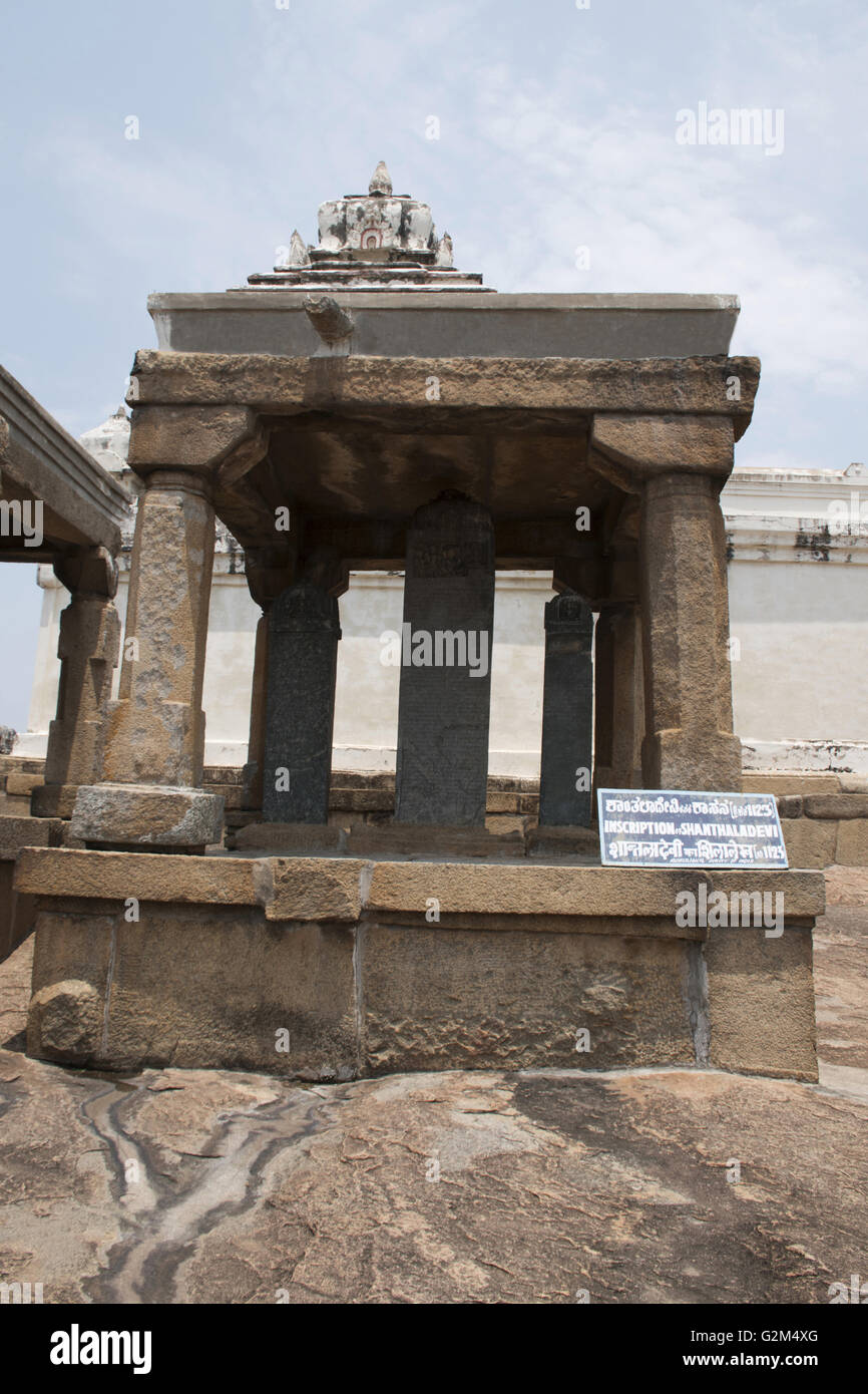 Carved inscriptions in Kannada on the stone pillar by queen Shantaladevi, Chandragiri hill