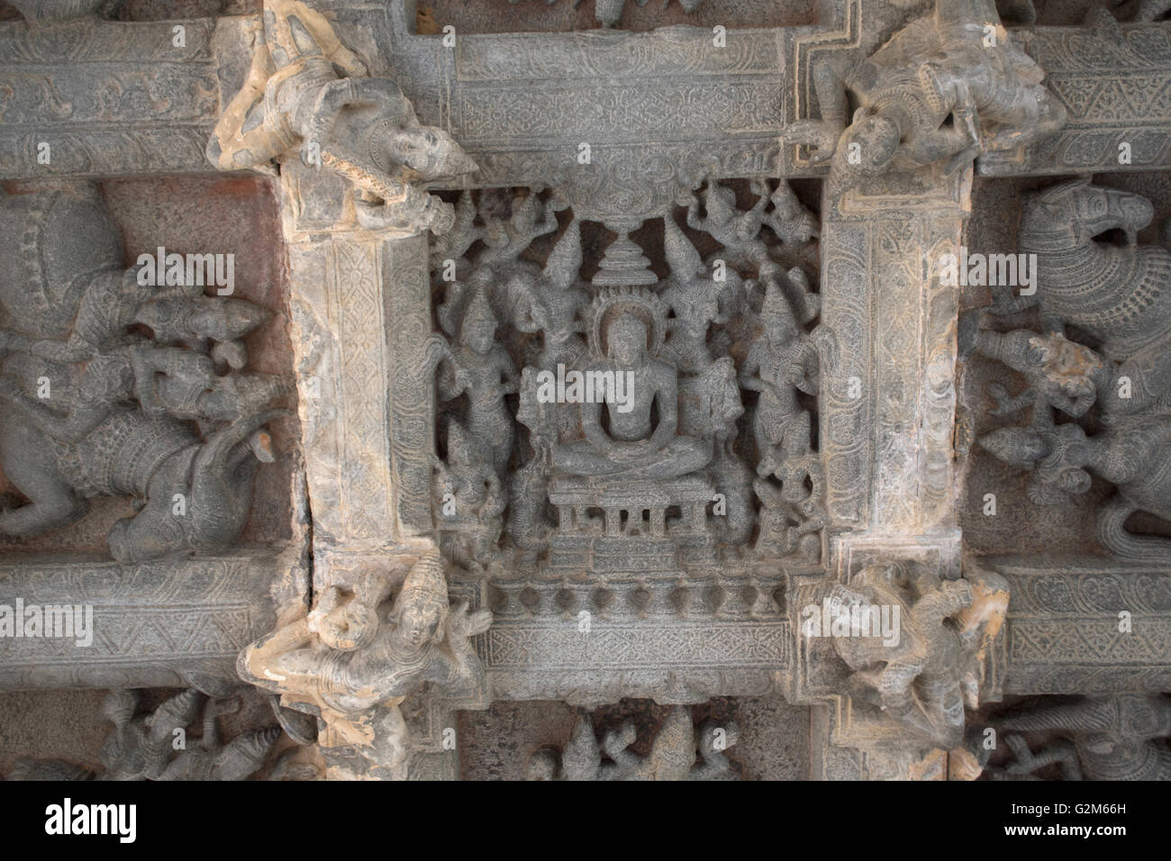 Ceiling sculpture depicting the guardians to the eight directions (ashtadikpalaka). Panchakuta Basadi, Kambadahalli, India Stock Photo