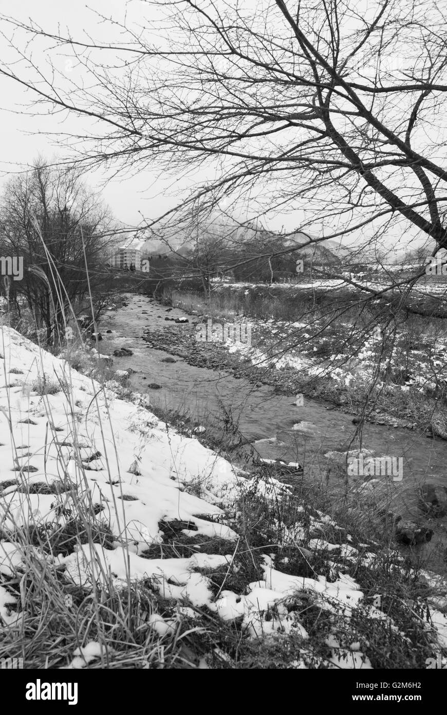 Snow landscape with river in Hakuba (japan Stock Photo - Alamy