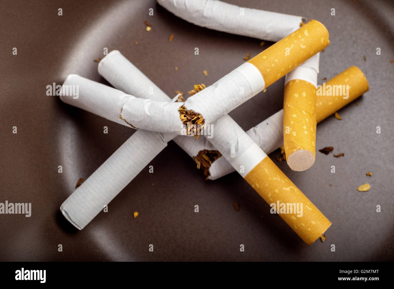 Quit Smoking Broken unsmoked cigarettes in a dark ashtray Stock Photo