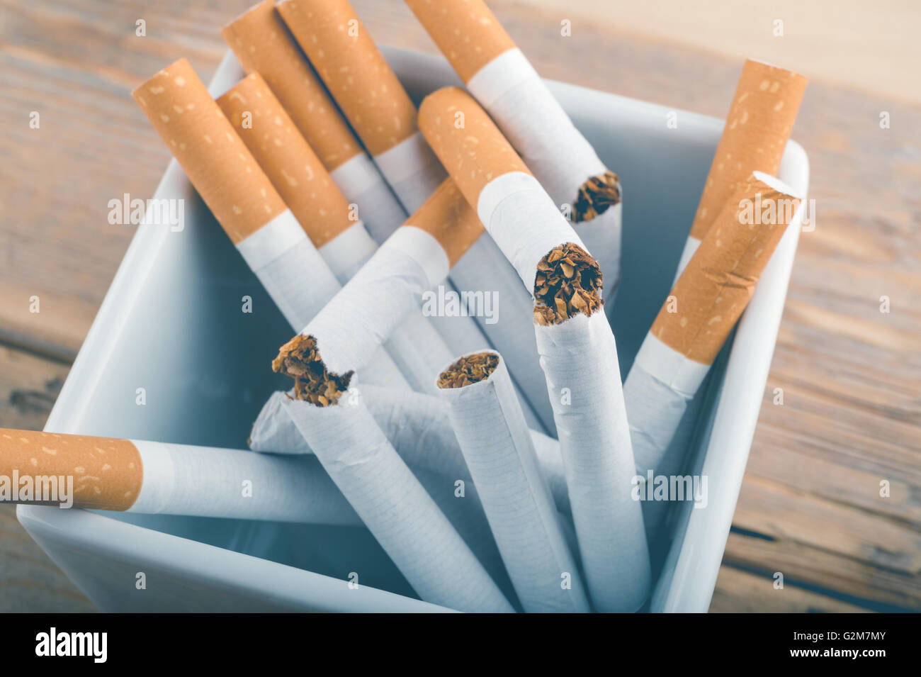 Quit Smoking Broken unsmoked cigarettes in a white ashtray with