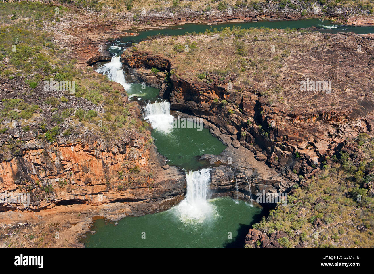 Aerial shot of Mitchell Falls right after the wet season. Stock Photo