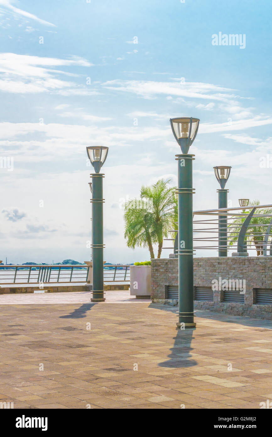 Guayas river and hill view at the boardwalk in Puerto Santa Ana in Guayquil, Ecuador. Stock Photo