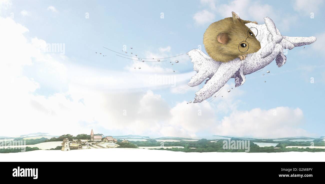 Illustration of mouse flying on plane Stock Photo