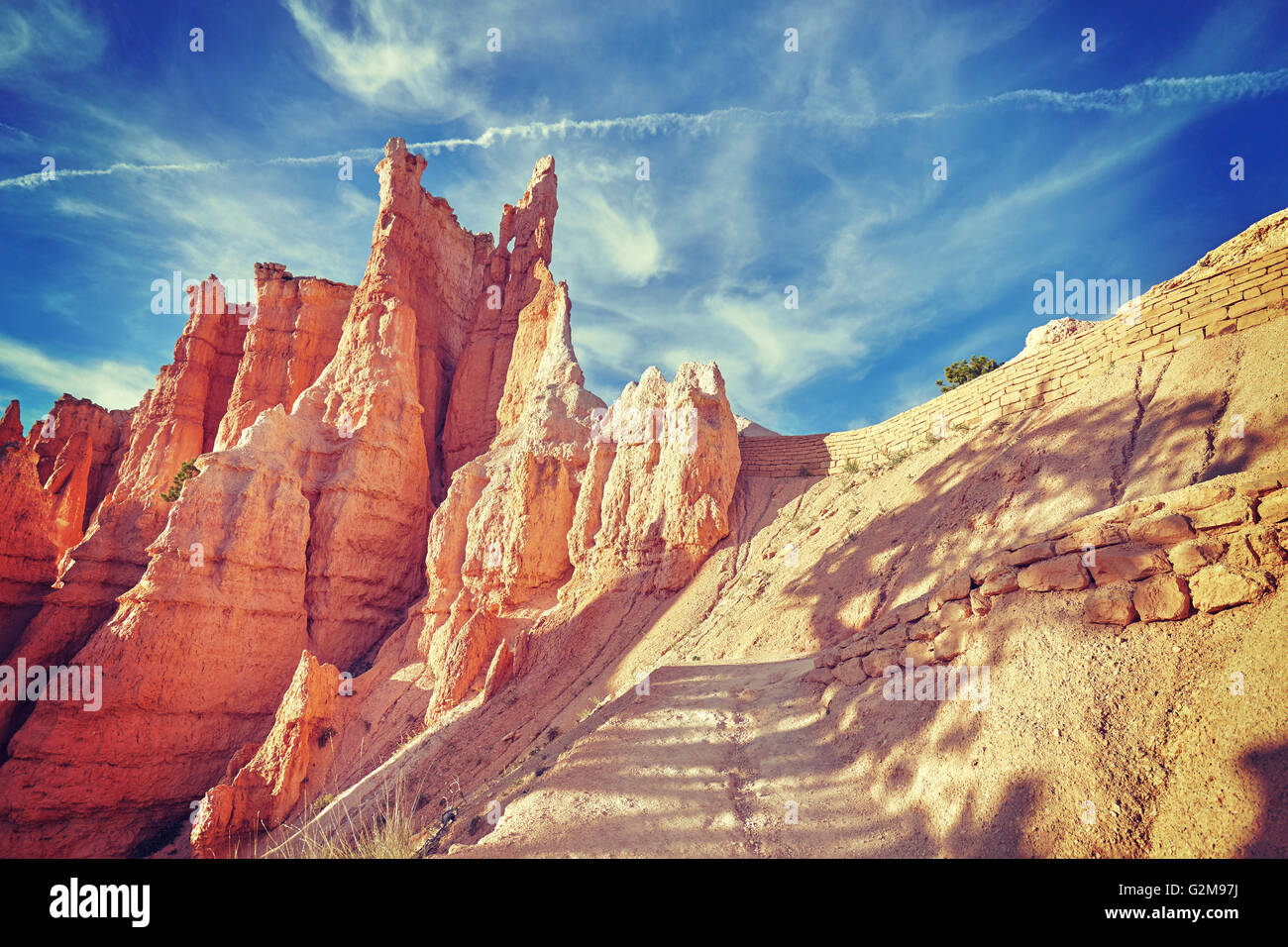 Vintage toned landscape with hoodoos in Bryce Canyon National Park, USA. Stock Photo