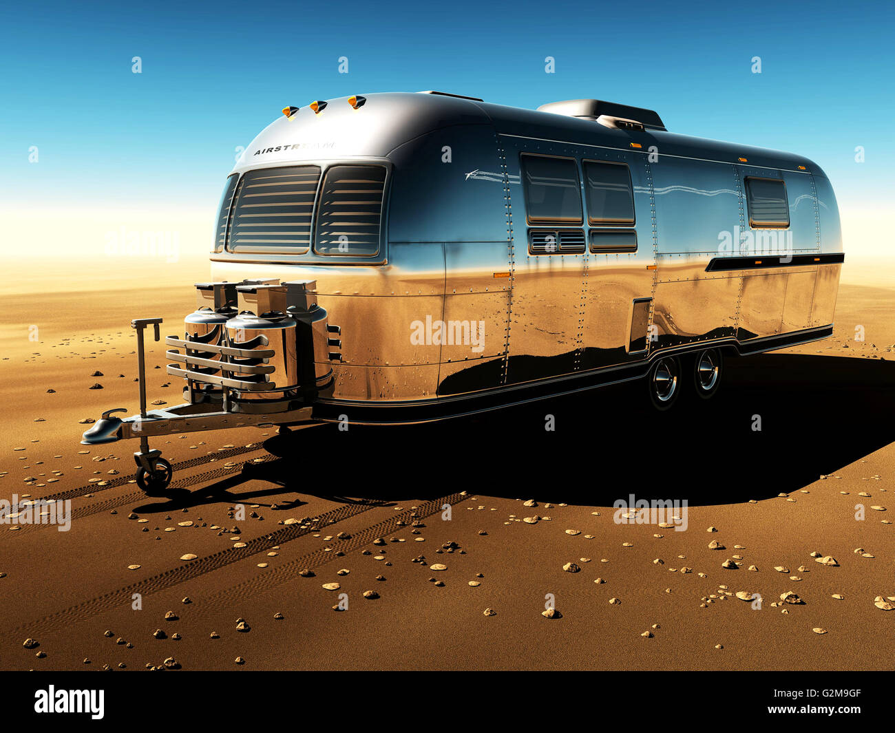 Metal trailer on desert, clear sky, digitally generated image Stock Photo