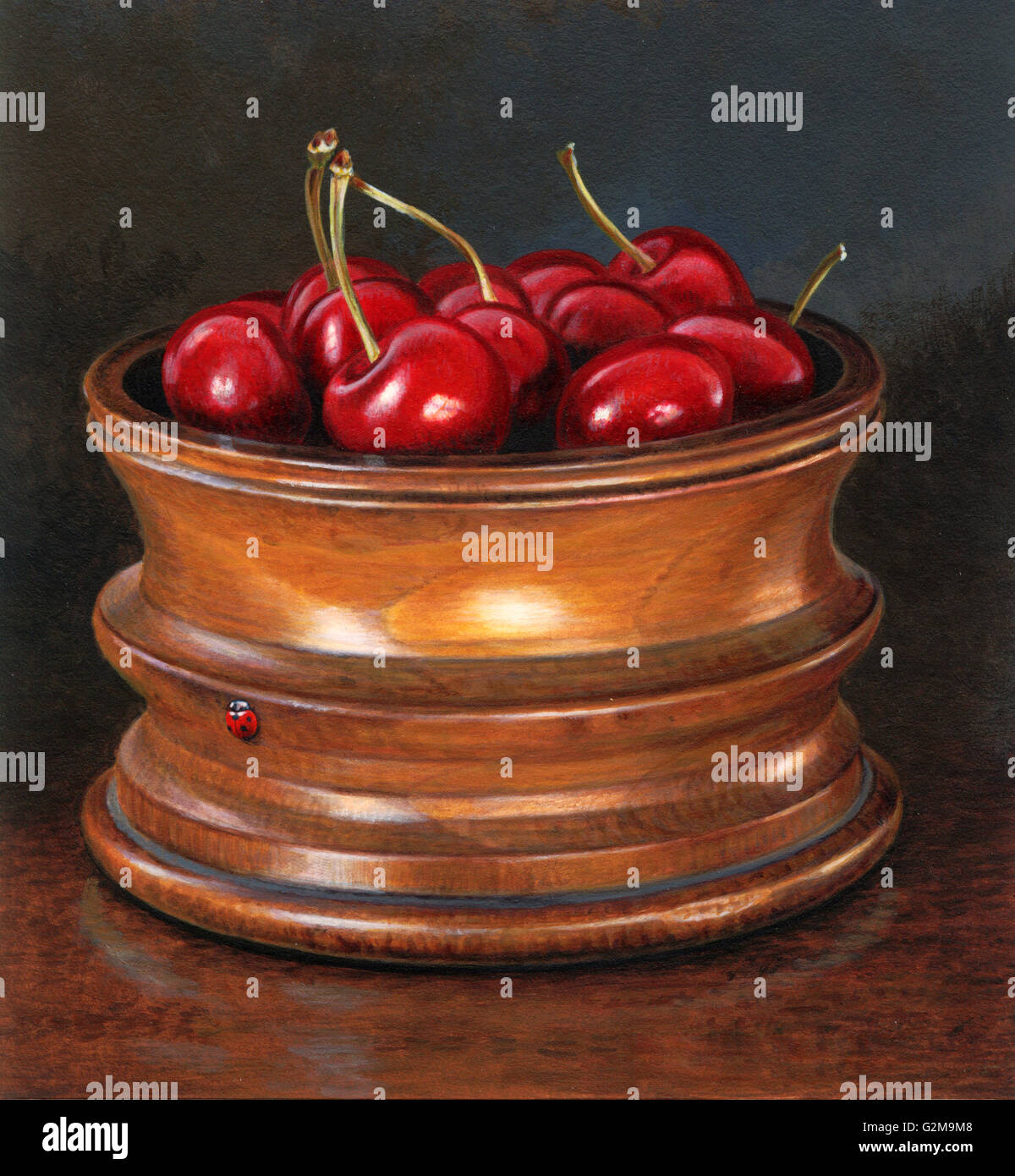 Cherries in wooden pot and red beetle Stock Photo