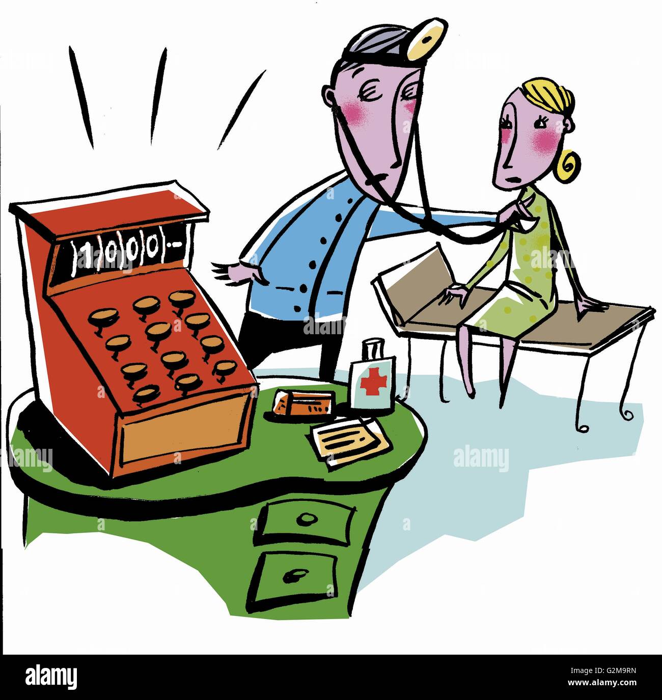 Doctor in his office with patient and cash register Stock Photo Alamy