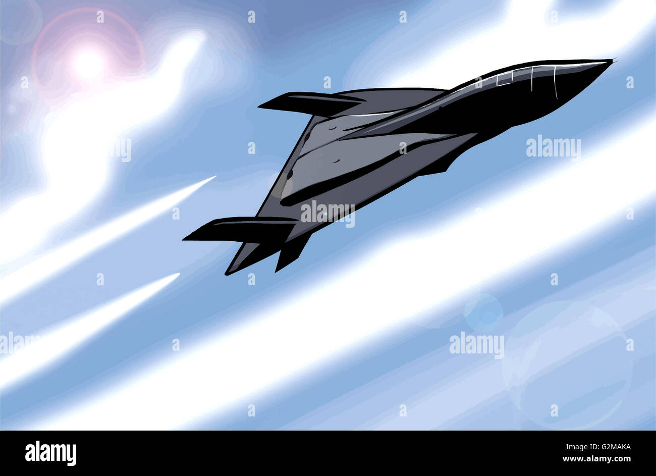 Black fighter plane in sky Stock Photo