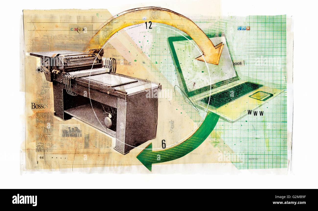 Obsolete printing press and laptop Stock Photo Alamy