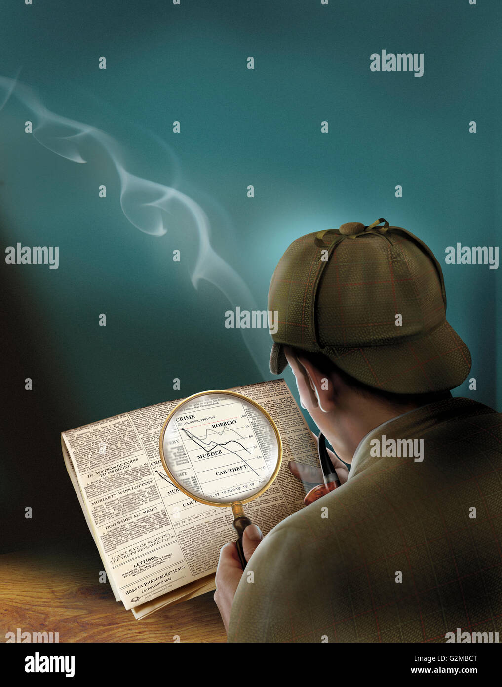 Sherlock Holmes reading newspaper through magnifying glass Stock Photo