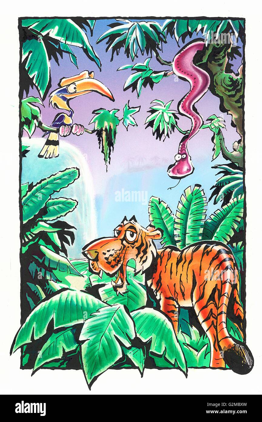 Tiger, hornbill and snake in rainforest Stock Photo