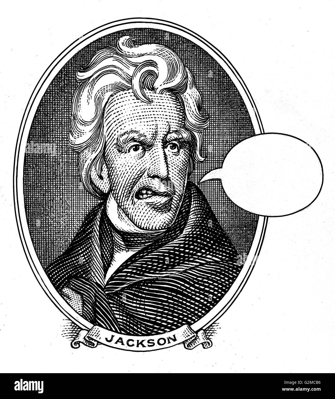 Portrait of Andrew Jackson with speech bubble Stock Photo