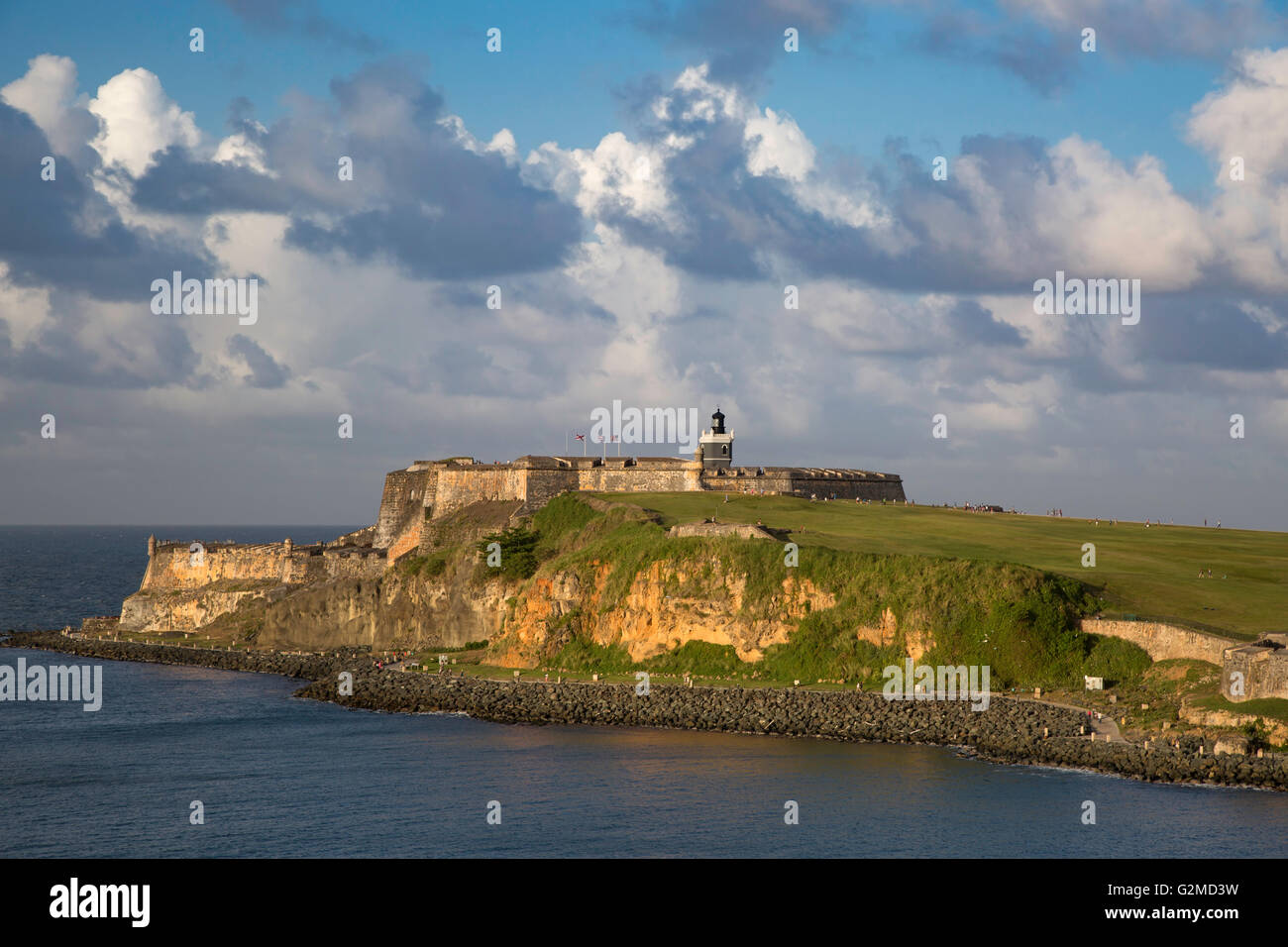 Setting sunlight over fortress El Morro, old town, San Juan, Puerto Rico Stock Photo