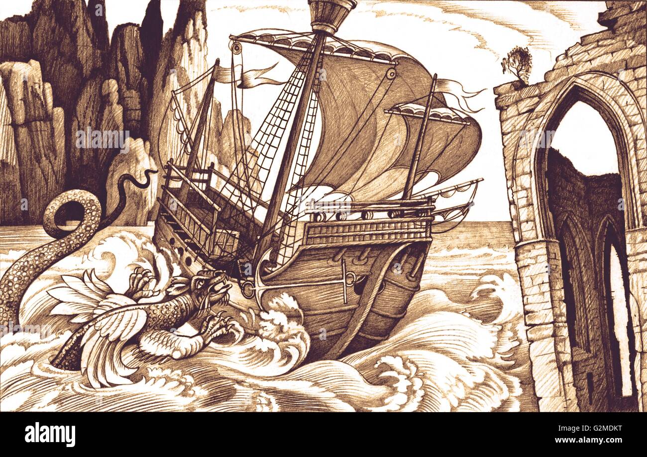 Sea dragon attacking tall ship Stock Photo
