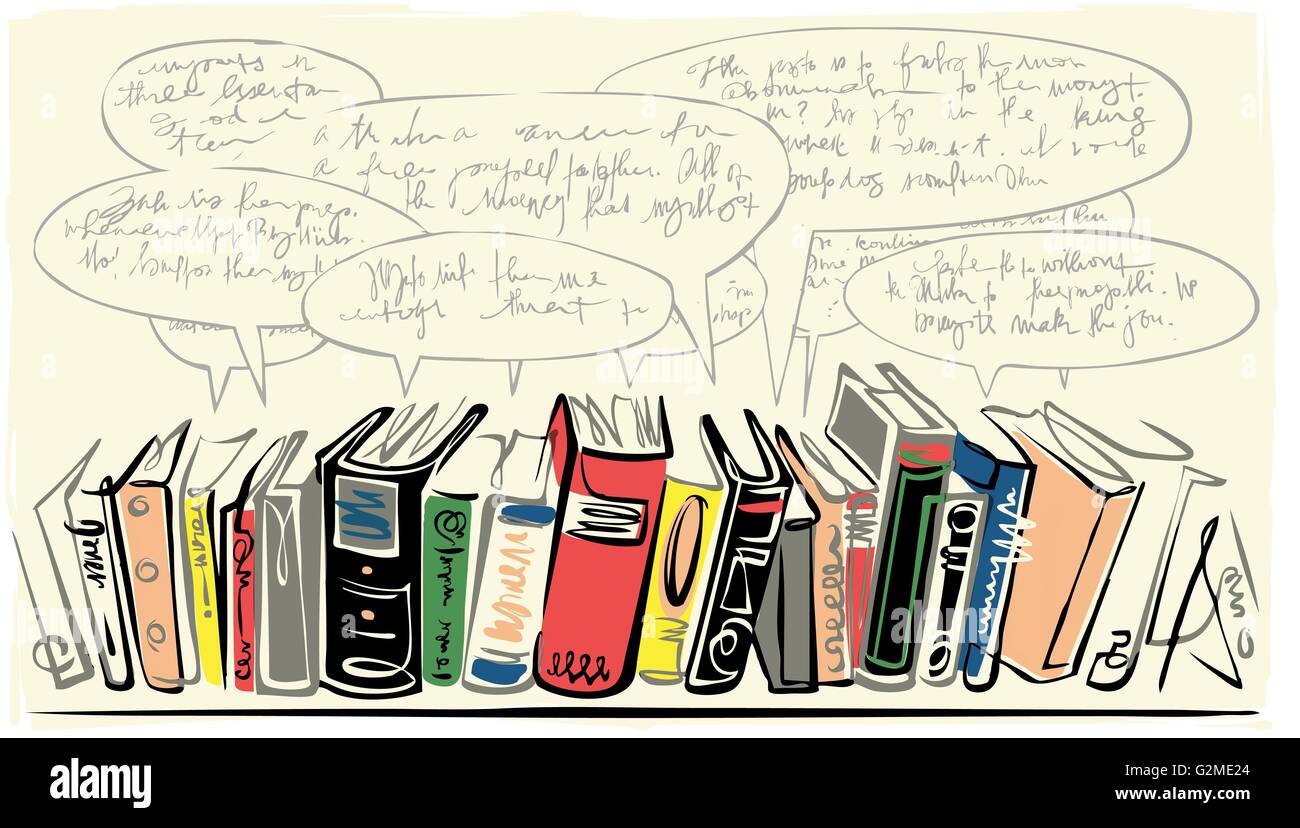 Books in row and speech bubbles Stock Photo - Alamy