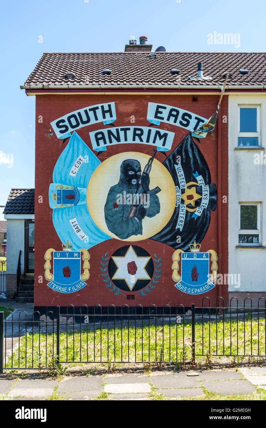 South East Antrim UFF UDA mural in loyalist Monkstown estate. Stock Photo
