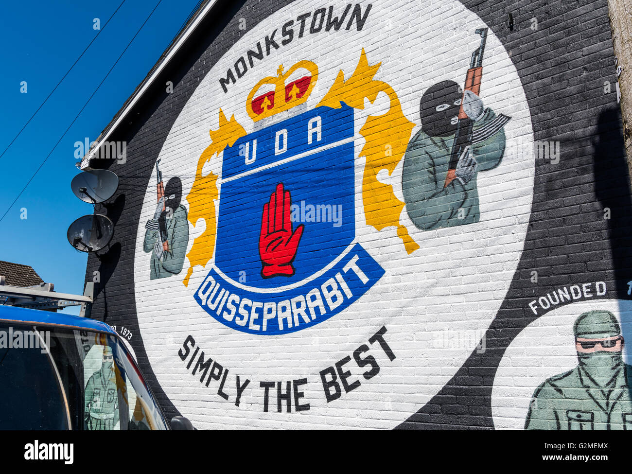 Close up of UDA mural in the loyalist Monkstown estate. Stock Photo