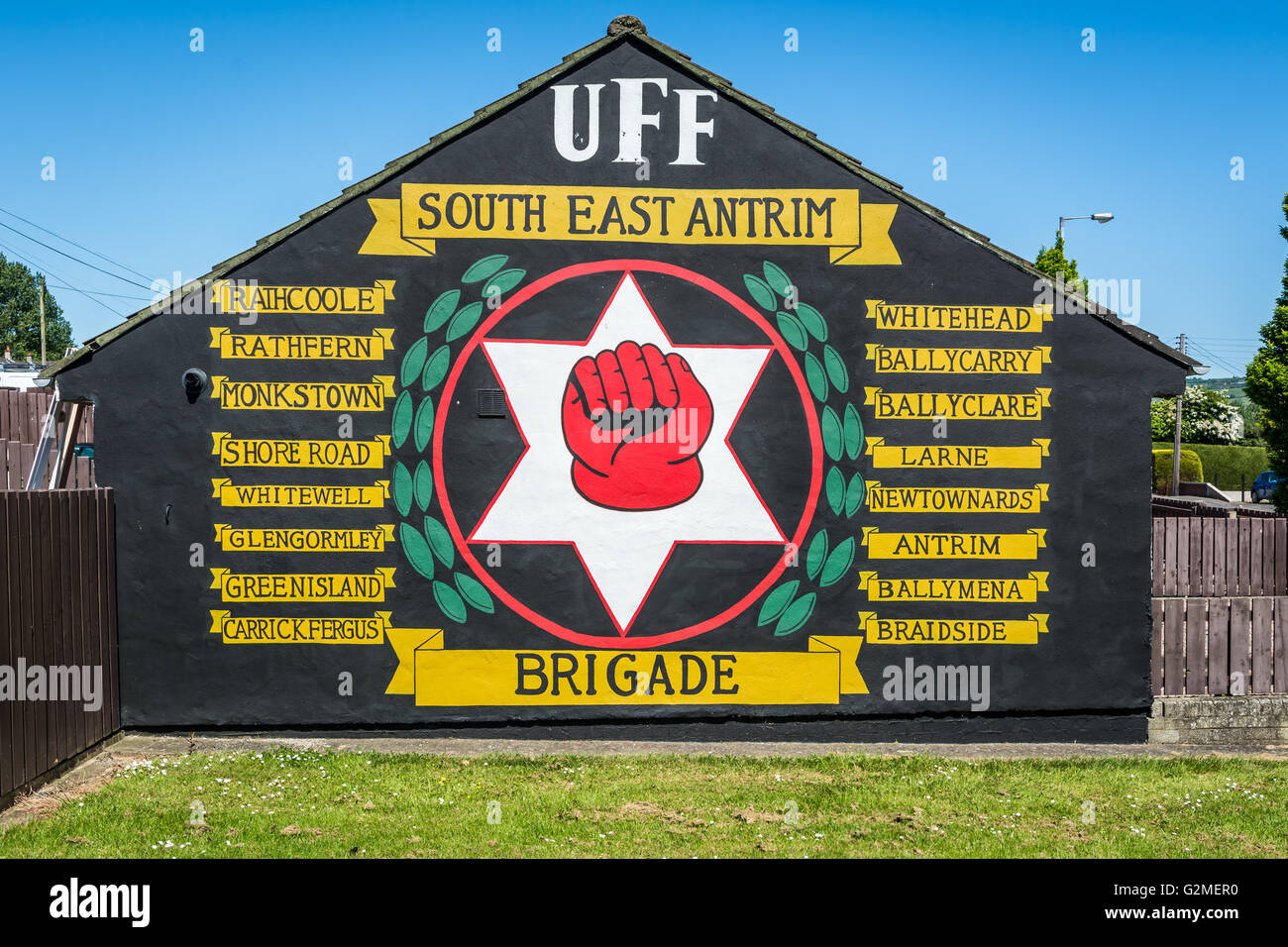 UFF South East Antrim Brigade mural at Cloughfern, County Antrim in Northern Ireland. Stock Photo