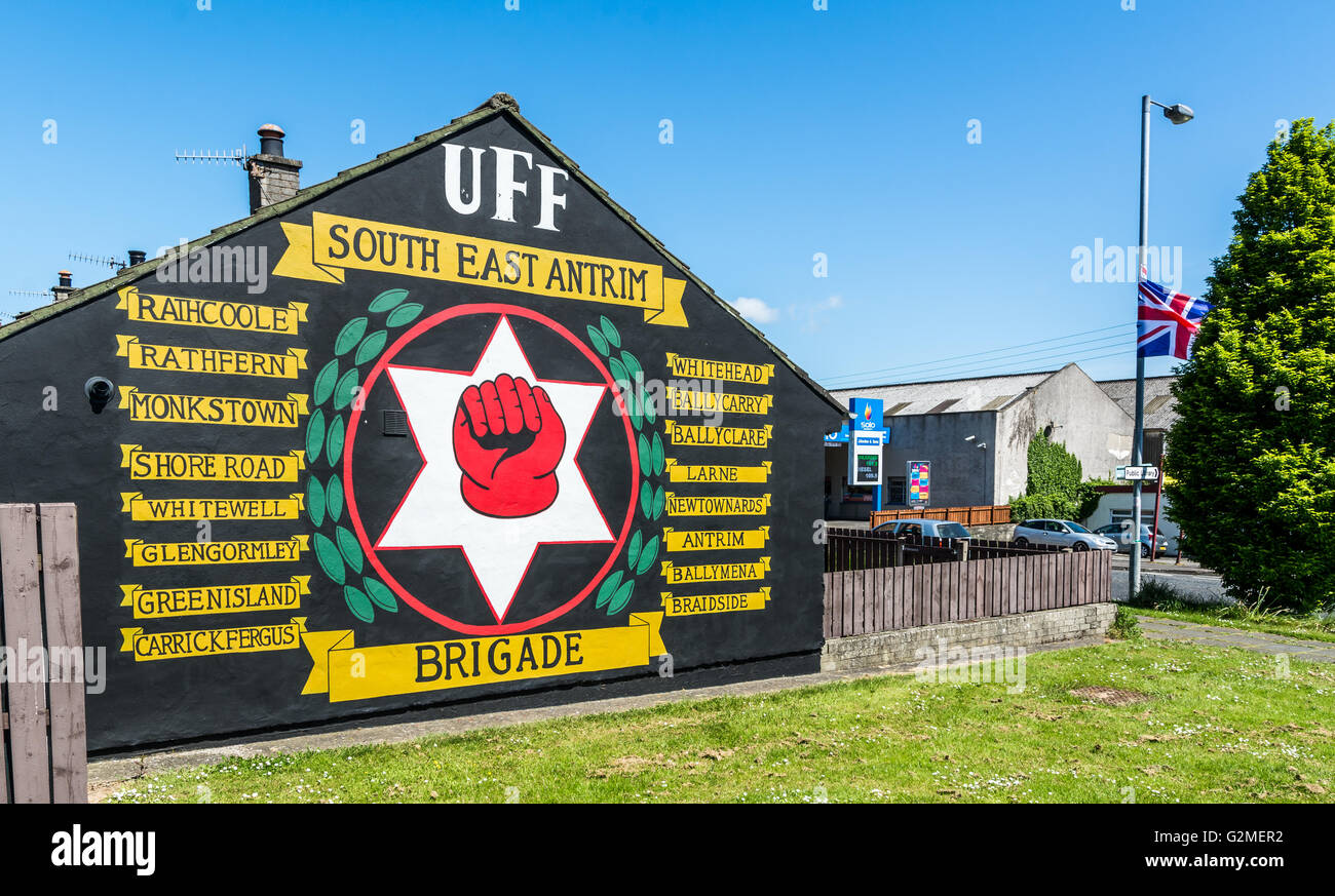 UFF South East Antrim Brigade mural at Cloughfern, County Antrim in Northern Ireland. Stock Photo
