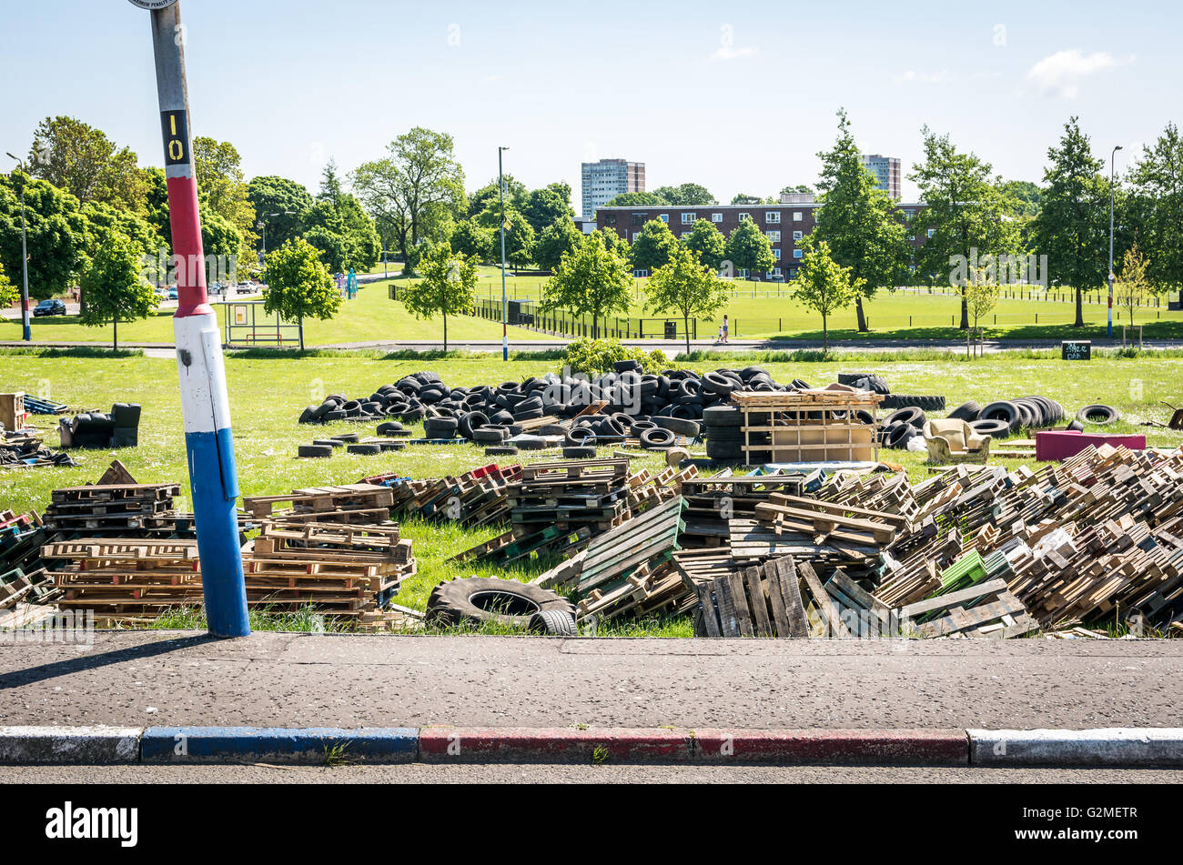 Rathcoole bonfire site in Newtownabbey. Stock Photo