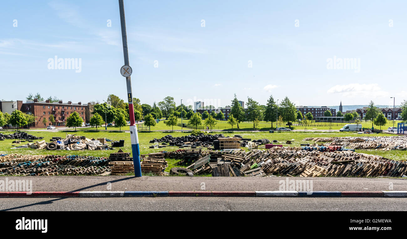 Rathcoole bonfire site in Newtownabbey. Stock Photo
