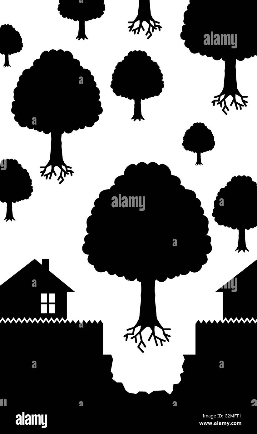 Trees flying above houses Stock Photo