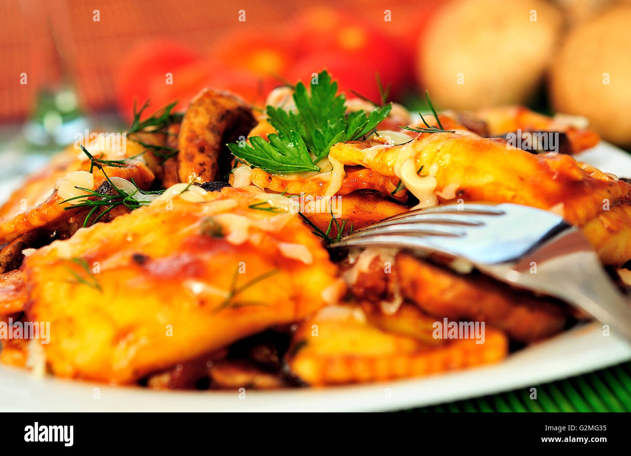 Plate with ravioli and champignon Stock Photo